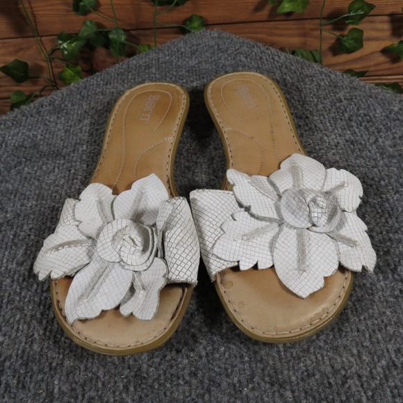 Born Mai Womens 6 White Leather Floral Slide Flat Comfort Sandals Casual Summer - Picture 2 of 6